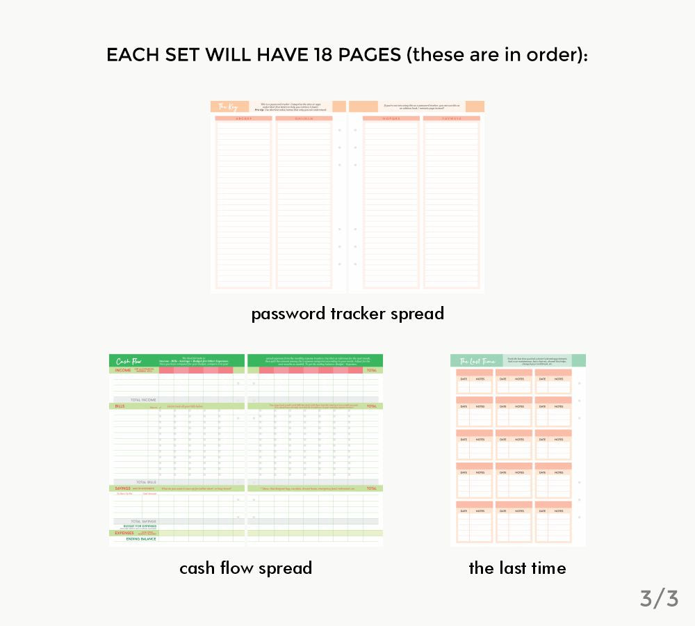 Includes: Password Tracker spread, Cash Flow spread, and The Last Time